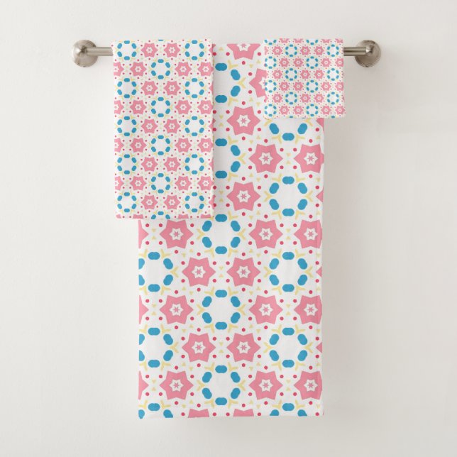 Rosa Stern Blume Blau Punkte Muster Badhandtuch Set (Insitu)