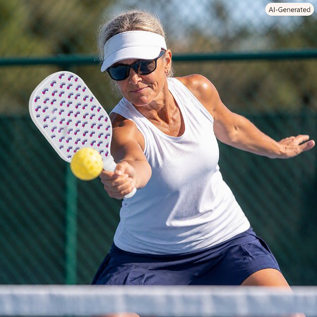 Rosa Stern und farbenfrohes Regenbogenmuster Pickleball Schläger (A pickleball paddle with a pattern of pink stars and colorful pastel rainbows.)