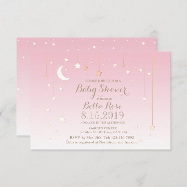 Rosa Sterne Mond Mädchen Dusche Einladungen (Vorne/Hinten)