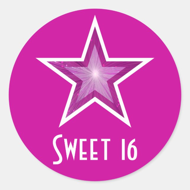Rosa Sterne "Sweet 16" runde Aufkleber pink (Vorderseite)