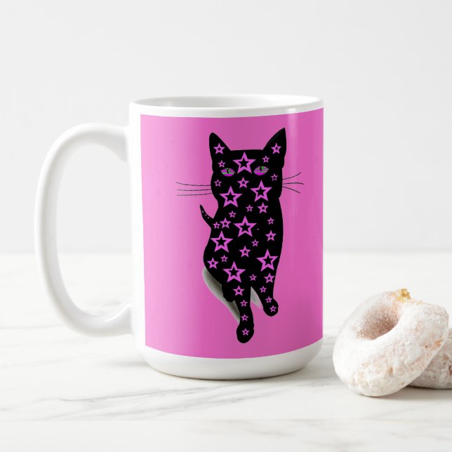 Rosa Sterne und schwarze Katzen Ladypografie Tasse (Mit Donut)