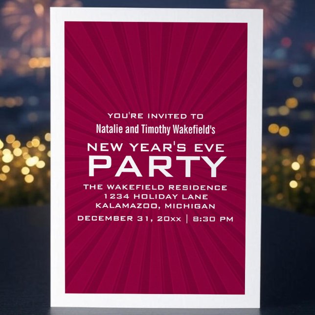Rosa Sternexplosion Streifen Neujahr Party laden e Einladung (Pink Starburst Stripes New Years Party Invite)