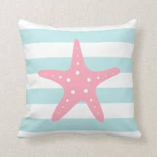Rosa Sternfische auf Minzstreifen Kissen
