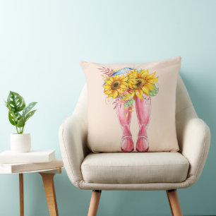 Rosa Stiefel, Blauer Vogel und Sonnenblumen Kissen