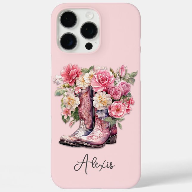 Rosa Stiefel mit Blumen Monogramm Case-Mate iPhone Hülle (Rückseite)