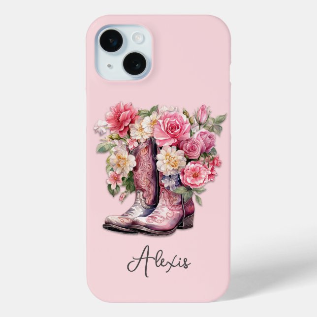 Rosa Stiefel mit Blumen monogrammiert Case-Mate iPhone Hülle (Rückseite)
