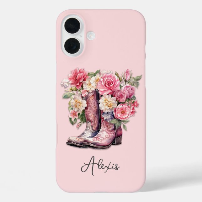 Rosa Stiefel mit Blumen monogrammiert Case-Mate iPhone Hülle (Rückseite)