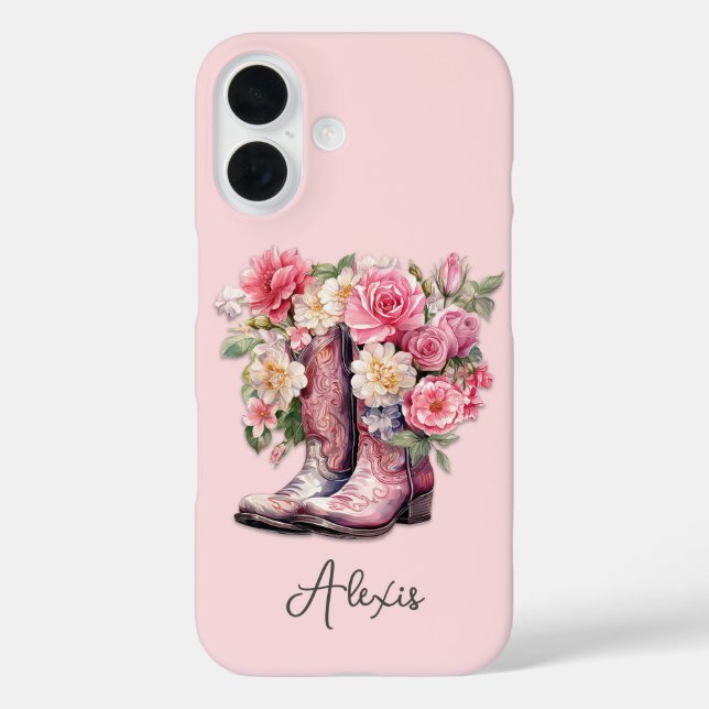 Rosa Stiefel mit Blumen monogrammiert Case-Mate iPhone Hülle (Rückseite)