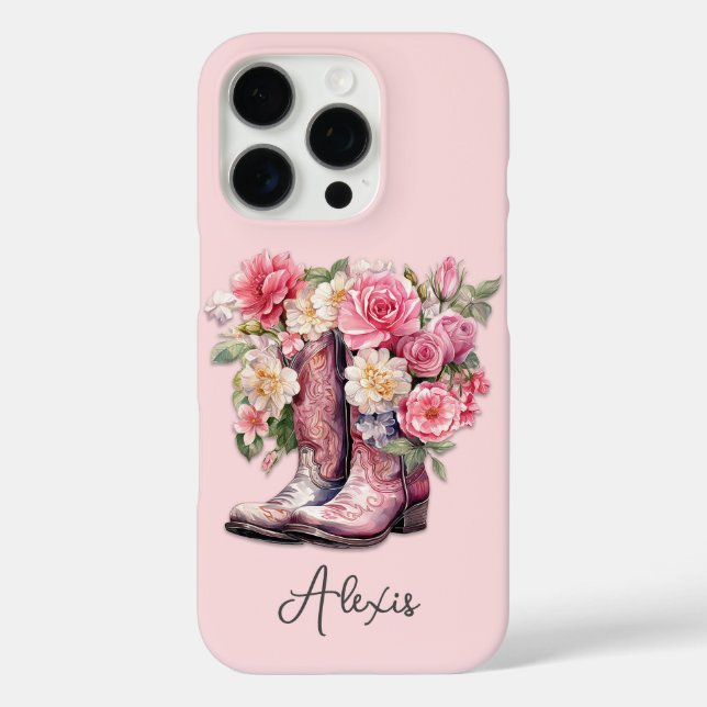 Rosa Stiefel mit Blumen monogrammiert Case-Mate iPhone Hülle (Rückseite)