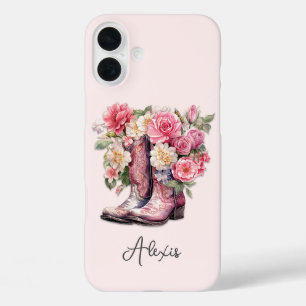 Rosa Stiefel mit Blumen monogrammiert iPhone 16 Plus Hülle