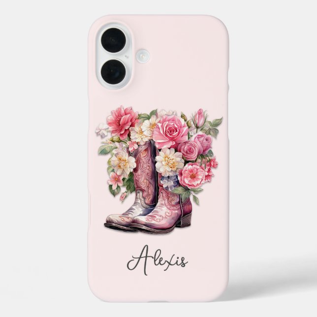 Rosa Stiefel mit Blumen monogrammiert Case-Mate iPhone Hülle (Rückseite)