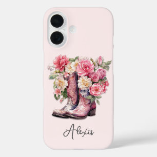 Rosa Stiefel mit Blumen monogrammiert iPhone 16 Hülle