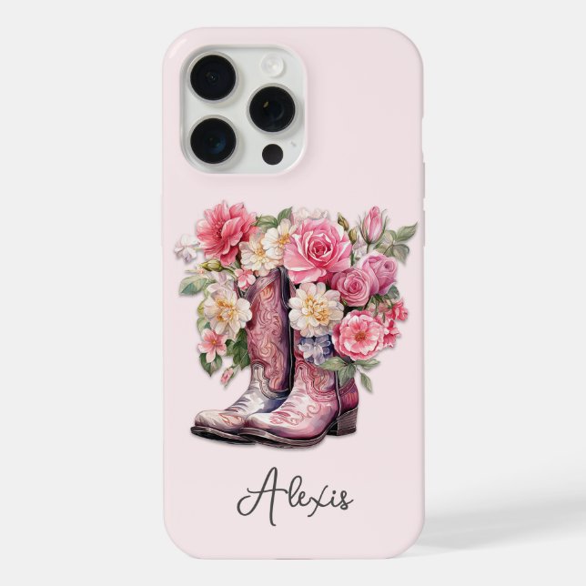 Rosa Stiefel mit Blumen monogrammiert iPhone Hülle (Rückseite)