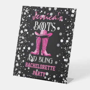 Rosa Stiefel und Bling-Junggeselinnen-Abschied Sockelschild
