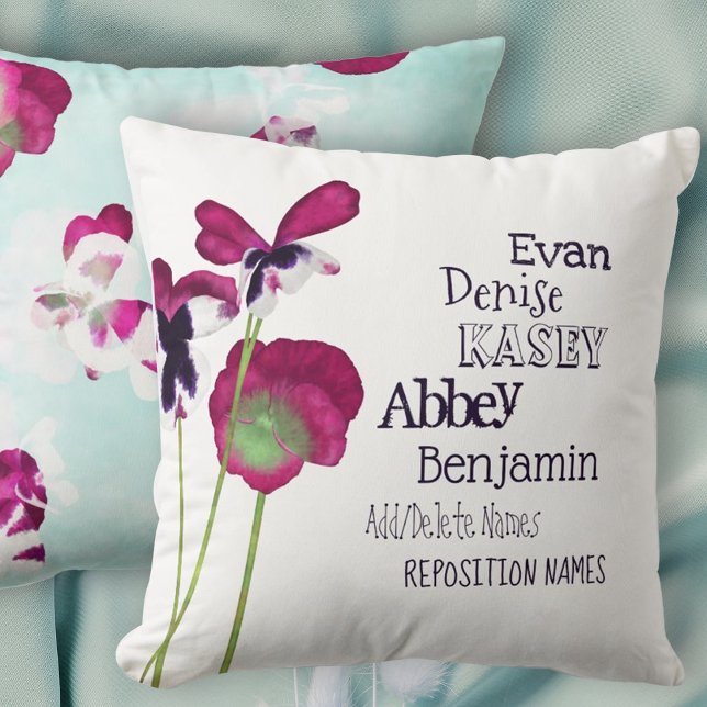 Rosa Stiefmütterchen Großmutter, Großkindernamen Kissen (mothers day mom grandma grandmother throw pillow children kids names pink turquoise floral flowers)
