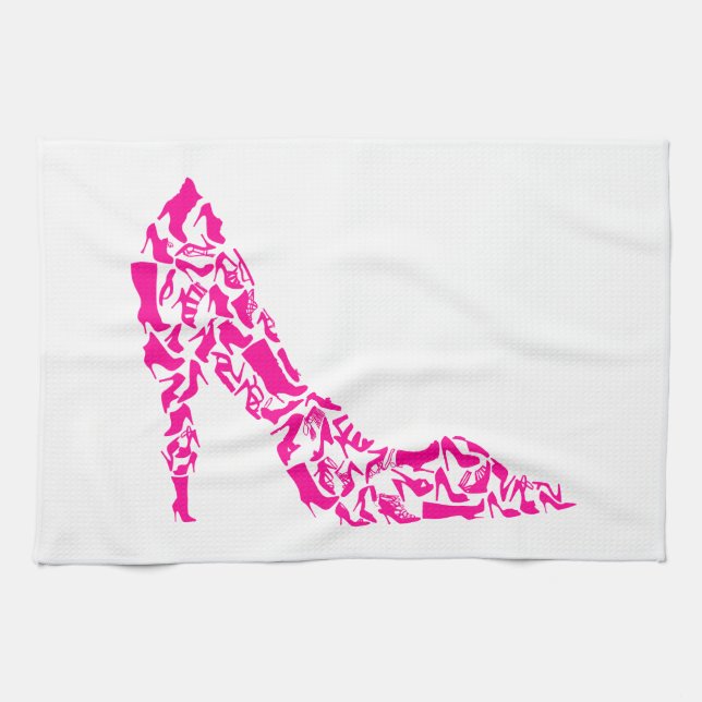 Rosa Stilett mit verschiedenen Schuh-Silhouetten Geschirrtuch (Horizontal)