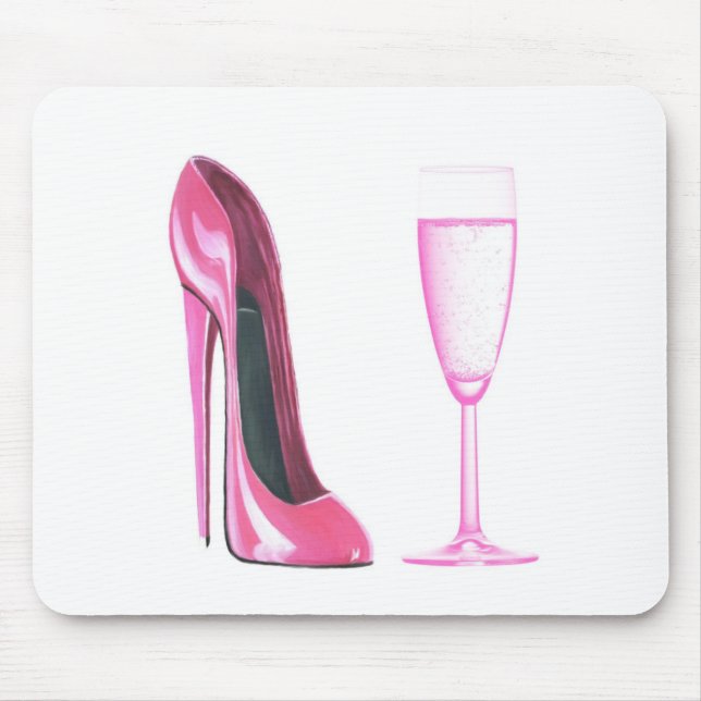 Rosa Stilett-Schuh und Champagne-Glas Mousepad (Vorne)