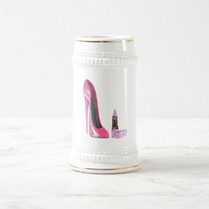Rosa Stilett-Schuh-und Lippenstift-Kunst Bierglas