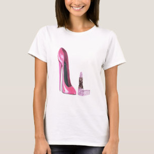 Rosa Stilett-Schuh-und Lippenstift-Kunst T-Shirt