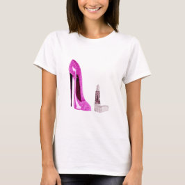 Rosa Stilett-Schuh-und Lippenstift-Kunst T-Shirt