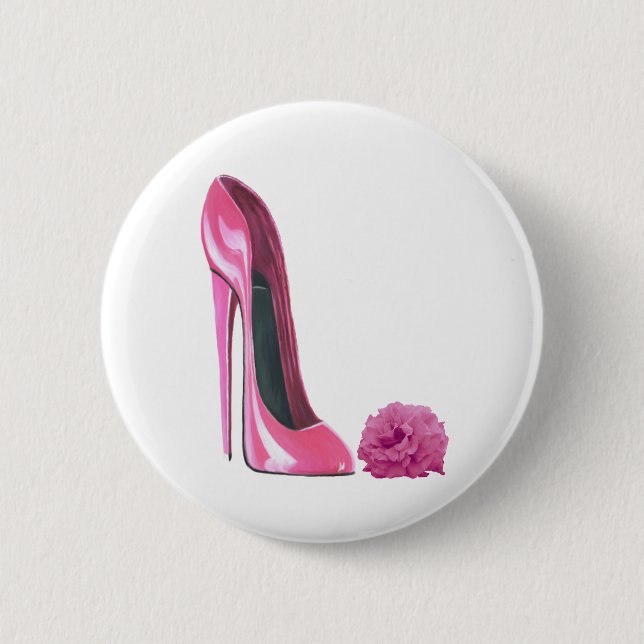 Rosa Stilett-Schuh und rosa Rosen-Kunst Button (Vorderseite)
