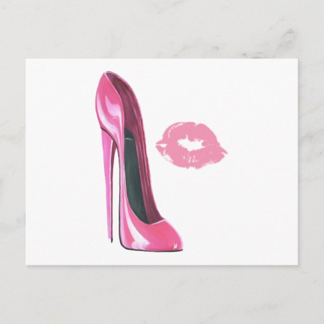 Rosa Stiletto Schuhe und rosa Lippen Postkarte (Vorderseite)