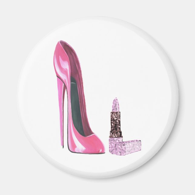 Rosa Stiletto Shoe und Lipstick Art Magnet (Vorne)