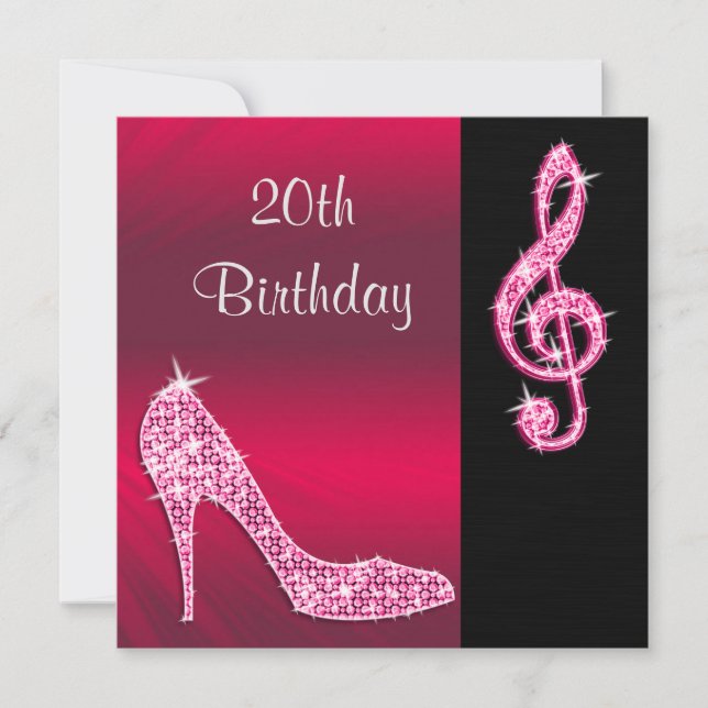 Rosa Stiletto & Treble Cleft 20. Geburtstag Einladung (Vorderseite)