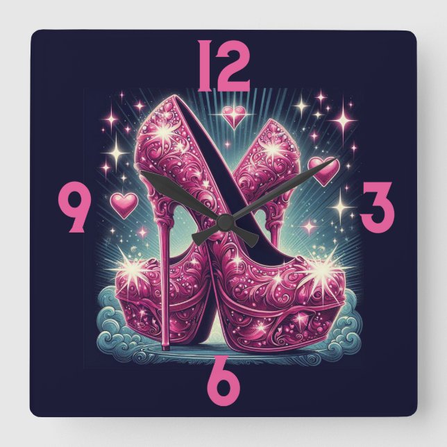 Rosa Stilettos und Herz Quadratische Wanduhr (Vorderseite)