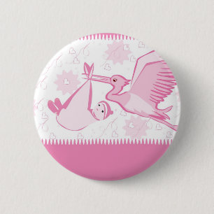 Rosa Storch mit Baby-Knopf Button