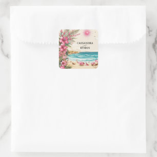 Rosa Strandhochzeit Quadratischer Aufkleber
