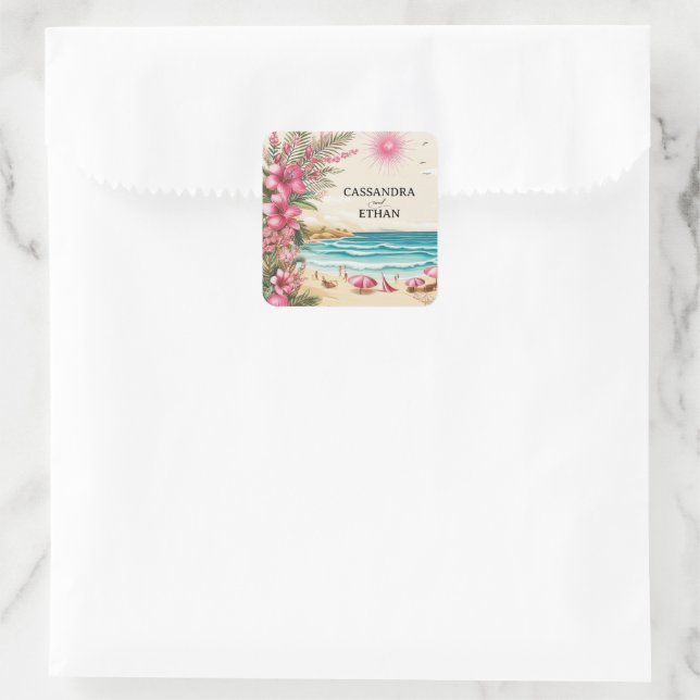 Rosa Strandhochzeit Quadratischer Aufkleber (Tasche)