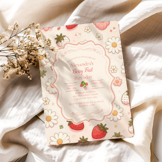 Rosa Strawberry Berry Erster Geburtstag Einladung