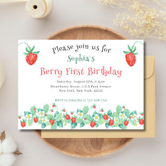 Rosa Strawberry Berry Erster Geburtstag Einladung