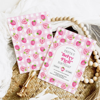 Rosa Strawberry Berry Erster Geburtstagsmädchen Einladung