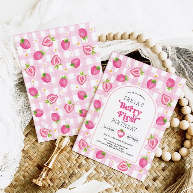 Rosa Strawberry Berry Erster Geburtstagsmädchen Einladung (Von Creator hochgeladen)