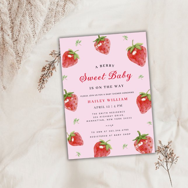 Rosa Strawberry Berry Sweet Girl Baby Dusche Einladung (Pink Strawberry Berry Sweet Girl Baby Shower Invitation)