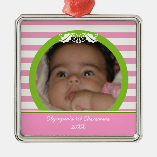 Rosa Streifen Baby's 1. Weihnachts-Foto Ornament (Vorne)