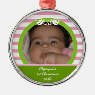 Rosa Streifen Baby's 1. Weihnachts-Foto Ornament Aus Metall