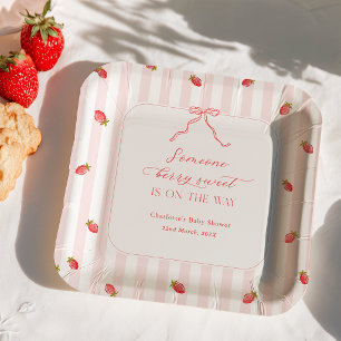 Rosa Streifen Berry Sweet Baby Shower Pappteller