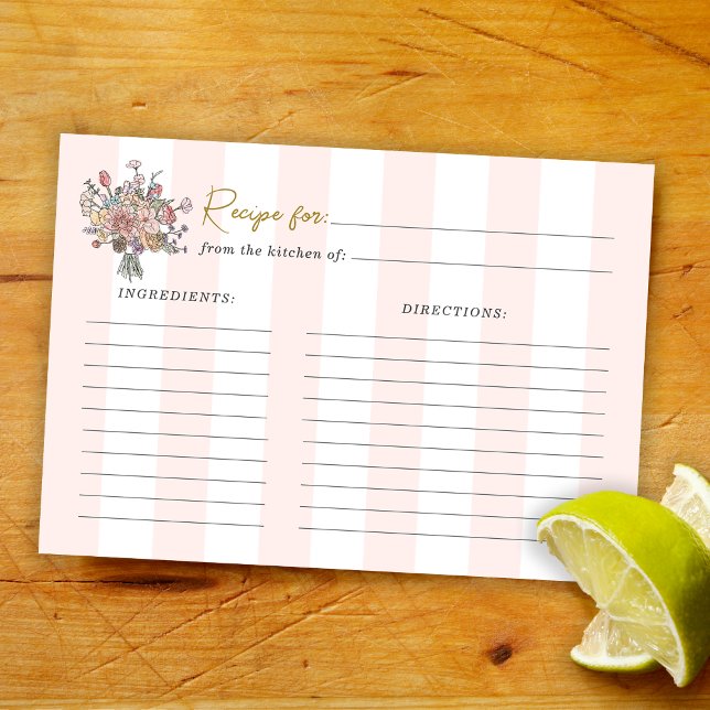 Rosa Streifen Blumenrei Rezept Begleitkarte (Pink Striped Floral Bridal Shower Recipe Enclosure Card)