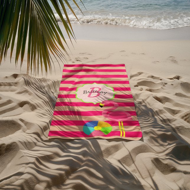 Rosa Streifen Flamingo Mit Monogramm Beach Handtuc Strandtuch (Von Creator hochgeladen)