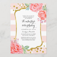 Rosa Streifen Floral Gold Confetti Geburtstagspart