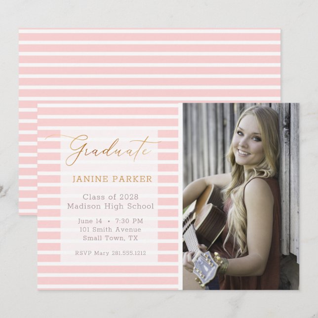Rosa Streifen Fügen Sie Ihren eigenen Foto-Abschlu Ankündigung (Vorne/Hinten)