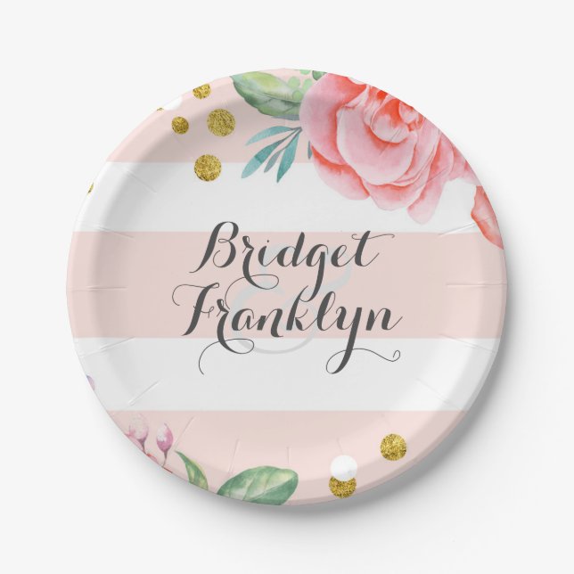 Rosa Streifen Gold Confetti Wasserfarben Blume Pappteller (Vorderseite)