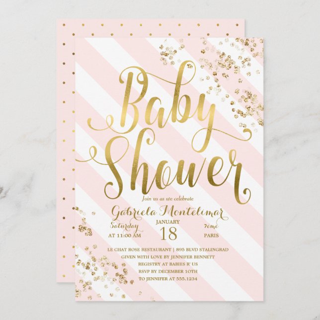 Rosa Streifen Gold Glitzer Confetti Babydusche Einladung (Vorne/Hinten)
