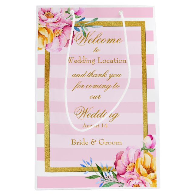 Rosa Streifen Gold Rahmen Blume Hochzeit Mittlere Geschenktüte (Vorderseite)