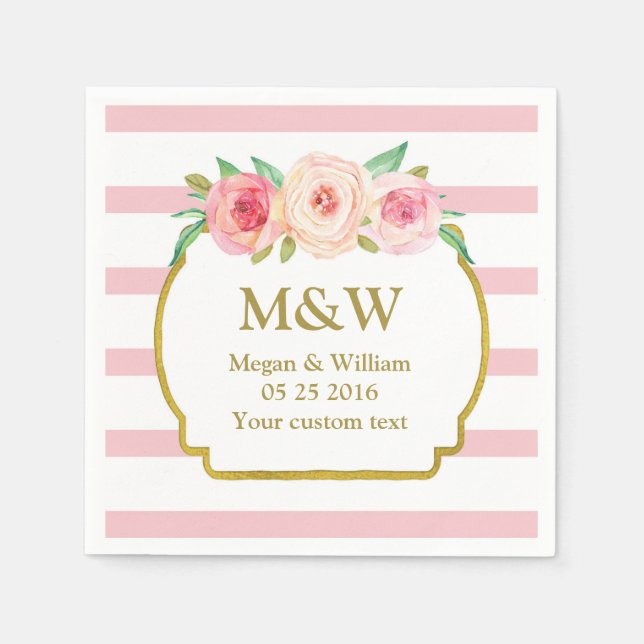 Rosa Streifen Gold Rosa Blütenhochzeit Napkins Serviette (Vorderseite)