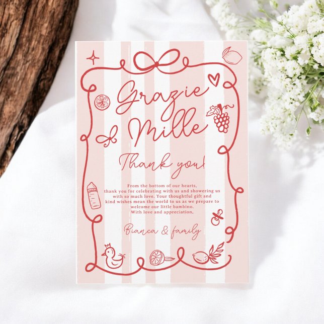 Rosa Streifen Italienisch angehauchte Kinderdusche Dankeskarte (Red Pink Stripes Italian-Themed Ciao Baby Shower Thank You Card)