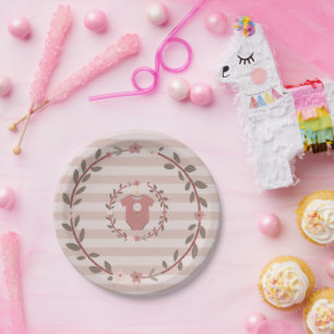 Rosa Streifen Kranz Baby Shower Pappteller